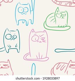 Los gatos graciosos dibujados a mano son un patrón impecable. Los animales de compañía son de fondo ligero de vector pastel.