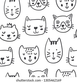 Hand drawn funny cats in sketch style. Vector seamless pattern. Cute cartoon kitten faces. Textile with outline animals kids design. Doodle style children illustration for clothes,  fabric - Vector