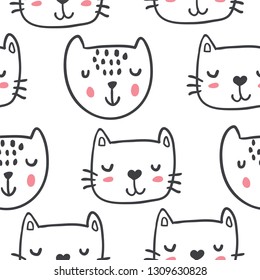 Hand drawn funny cats in sketch style. Vector seamless pattern. Cute cartoon kitten faces. Textile with outline animals kids design. Doodle style children illustration for clothes,  fabric - Vector