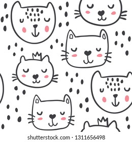 Hand drawn funny cats in sketch style. Vector seamless pattern. Cute cartoon cat faces. Textile with outline animals kids design. Doodle style children illustration for clothes,  fabric - Vector