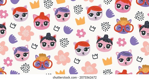 Hand drawn funny cats in sketch style. Vector seamless pattern. Cute cartoon kitten faces with crowns, flowers, dots. Textile with colorful animals kids design. 