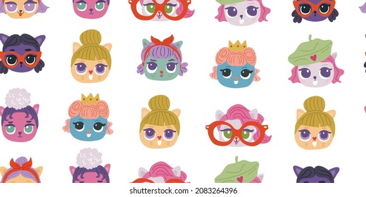 Hand drawn funny cats in sketch style. Vector seamless pattern. Cute cartoon kitten faces. Textile with colorful animals kids design. Doodle style children illustration for clothes,  fabric