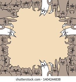 Hand drawn funny cats  vector frame. Doodle art. brown and white cats on a yellow background