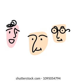 Hand drawn funny characters faces set, vector illustration