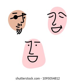 Hand drawn funny characters faces set, vector illustration