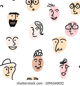 Hand drawn funny characters faces seamless pattern, vector illustration