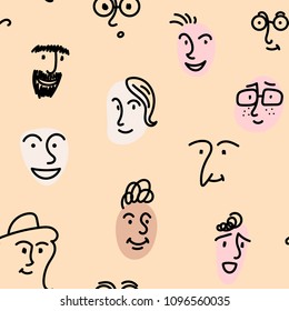 Hand drawn funny characters faces seamless pattern, vector illustration