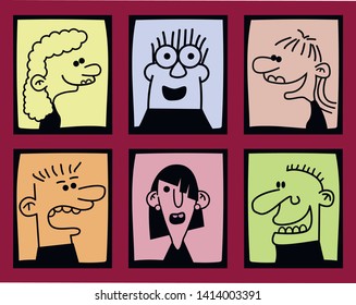 Hand drawn funny characters faces set, vector illustration