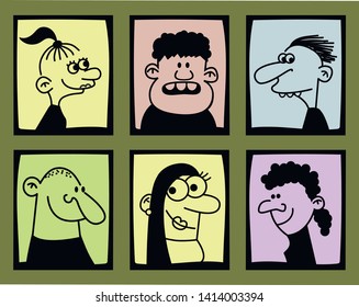 Hand drawn funny characters faces set, vector illustration