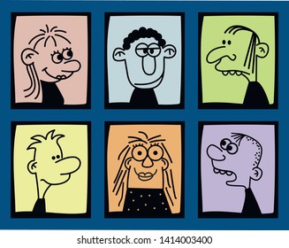 Hand drawn funny characters faces set, vector illustration