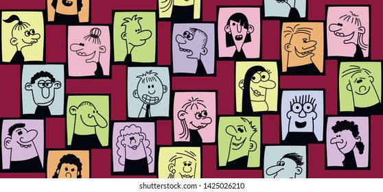 Hand drawn funny characters faces set, vector illustration