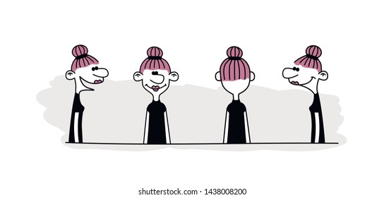 Hand drawn funny characters faces set, vector image of four angles and turns of a female head.