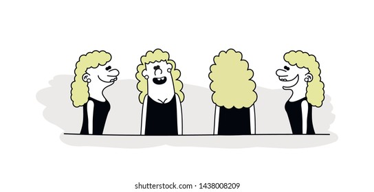 Hand drawn funny characters faces set, vector image of four angles and turns of a female head.