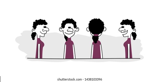 Hand drawn funny characters faces set, vector image of four angles and turns of a female head.