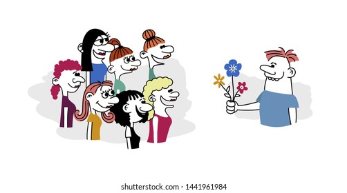 Hand drawn funny characters faces, group of happy people vector set.