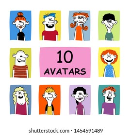 Hand drawn funny characters faces set, vector illustration