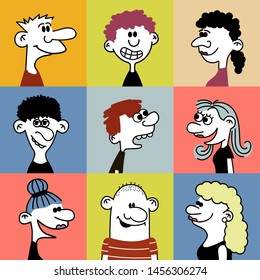 Hand drawn funny characters faces set, vector illustration