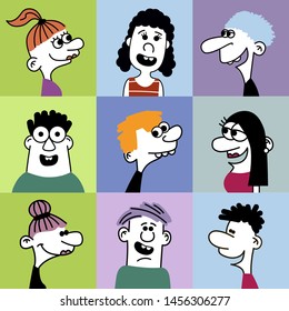 Hand drawn funny characters faces set, vector illustration