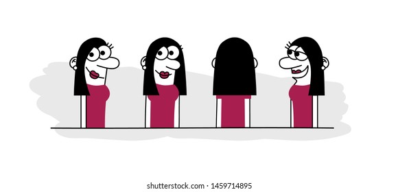 Hand drawn funny characters faces set, vector image of four angles and turns of a female head.
