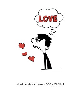 Hand drawn funny characters man with speech bubble LOVE. Doodle cute miniature scene about love. Hand drawn cartoon vector illustration for valentine day design.