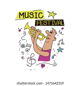 Hand drawn funny characters man with trumpet. Great element for music festival or t-shirt. Vector concept.