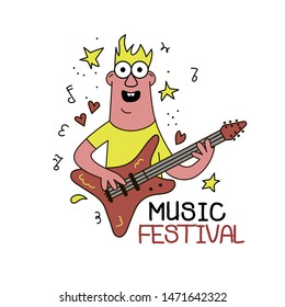 Hand drawn funny characters man with guitar. Great element for music festival or t-shirt. Vector concept.