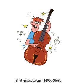 Hand drawn funny characters man with double bass. Double bass player. Great element for music festival or t-shirt. Vector concept.