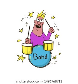 Hand drawn funny characters man. Male musician playing drums. Percussion musical Instruments, Party time. Great element for music festival or t-shirt. Vector concept.