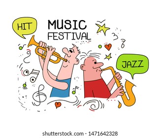 Hand drawn funny characters men with trumpet, saxophone and speech bubble HIT, GAZZ. Great element for music festival or t-shirt. Vector concept.