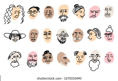 Hand drawn funny characters old people faces set, vector illustration