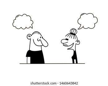 Hand drawn funny characters people, news, social networking, chat, dialogue speech bubbles, vector illustration