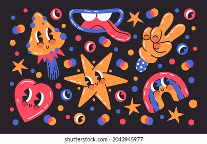 Hand drawn funny comic emoji shapes. Cute comic book doodle characters cartoon vector illustration set. Abstract comic heart and rainbow mascots