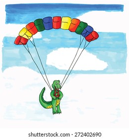 Hand drawn funny crocodile hanging at paraglider