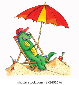 Hand drawn funny crocodile relaxing at the beach