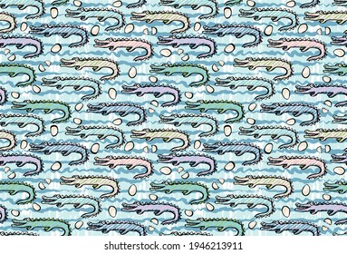 Hand drawn funny crocodiles and alligators in vector seamless pattern for boys and girls. Children's background and pattern. Print for fabrics and scrapbooking. Reptiles on grunge texture