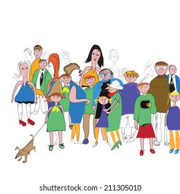 Hand drawn funny crowd of modern looking people in casual wear, with white background