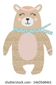 Hand drawn funny, cute bear in Scandinavian, Nordic style. Childish print, kids apparel, poster, postcard, stickers, cover.
