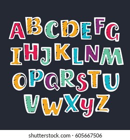 Hand drawn funny cute marker colorful uppercase capital alphabet. Kid style drawing by chalk or color marker font and signs on dark background
