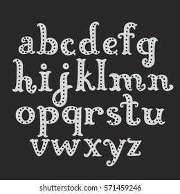 Hand drawn funny cute vector black and white alphabet in vintage style. Isolated on a dark background.