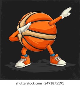 Hand drawn funny Dabbing Basketball ball orange with hands and legs doing dab dance gesture pose