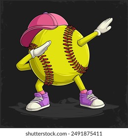 Hand drawn funny Dabbing Softball ball red stitched with hands and legs doing dab dance gesture pose