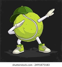 Hand drawn funny Dabbing Tennis ball wearing a hat with hands and legs doing dab dance gesture pose