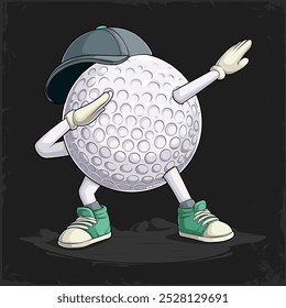 Hand drawn funny Dabbing white golf ball with hands and legs and hat doing dab dance gesture pose