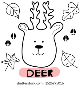 Hand drawn funny deer witn traces and leaves vector illustration.