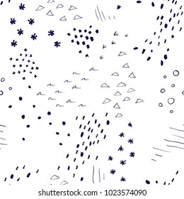 Hand drawn funny designed seamless pattern with bird tracks, worms, dots and blots from spring birds collection