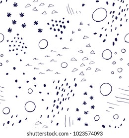 Hand drawn funny designed seamless pattern with bird tracks, worms, dots and blots from spring birds collection