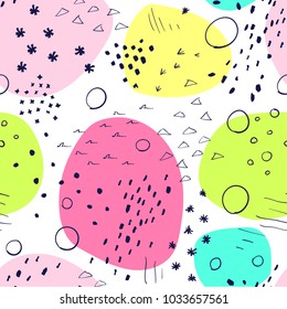 Hand drawn funny designed seamless pattern with bird tracks, worms, dots and blots from spring birds collection, vector illustration