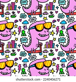 Hand drawn funny dinosaur riding scooter with various objects doodle illustration seamless pattern. Can be used for kids apparel, fabric, wrapping, textile, wallpaper