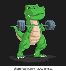 Hand drawn funny dinosaur T Rex lifting a big weight straight barbell doing biceps exercise