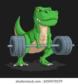 Hand drawn funny dinosaur T Rex lifting a big weight straight barbell doing deadlift exercise